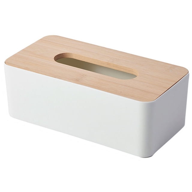 Caja de pañuelos de plástico con cubierta de bambú, contenedor de toallas de papel facial rectangular