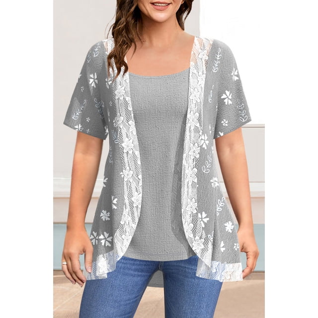 RWJDXD WUJS Chemises Décontractées pour Femmes Grande Taille à Imprimé Floral en Chiffon à Volants Manches Courtes Ourlet Asymétrique en Couches Col Rond Haut Quotidien pour Navetteur