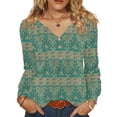 thumbnail image 3 of Kixjoy Green Womens V Neck Shirt Oversized Long Sleeve Button Down Shirt Casual Travel Lightweight Tunic Top Trendy Winter Geometric Print Women's Clothing, Green M, 3 of 4