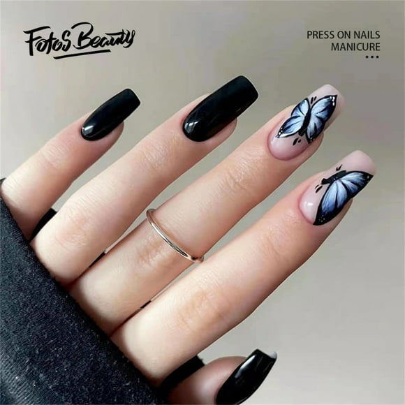 Fofosbeauty 24pcs Press on False Nails,Acrylic Nails for New Year Valentine's Gift,Coffin Mysterious black butterfly