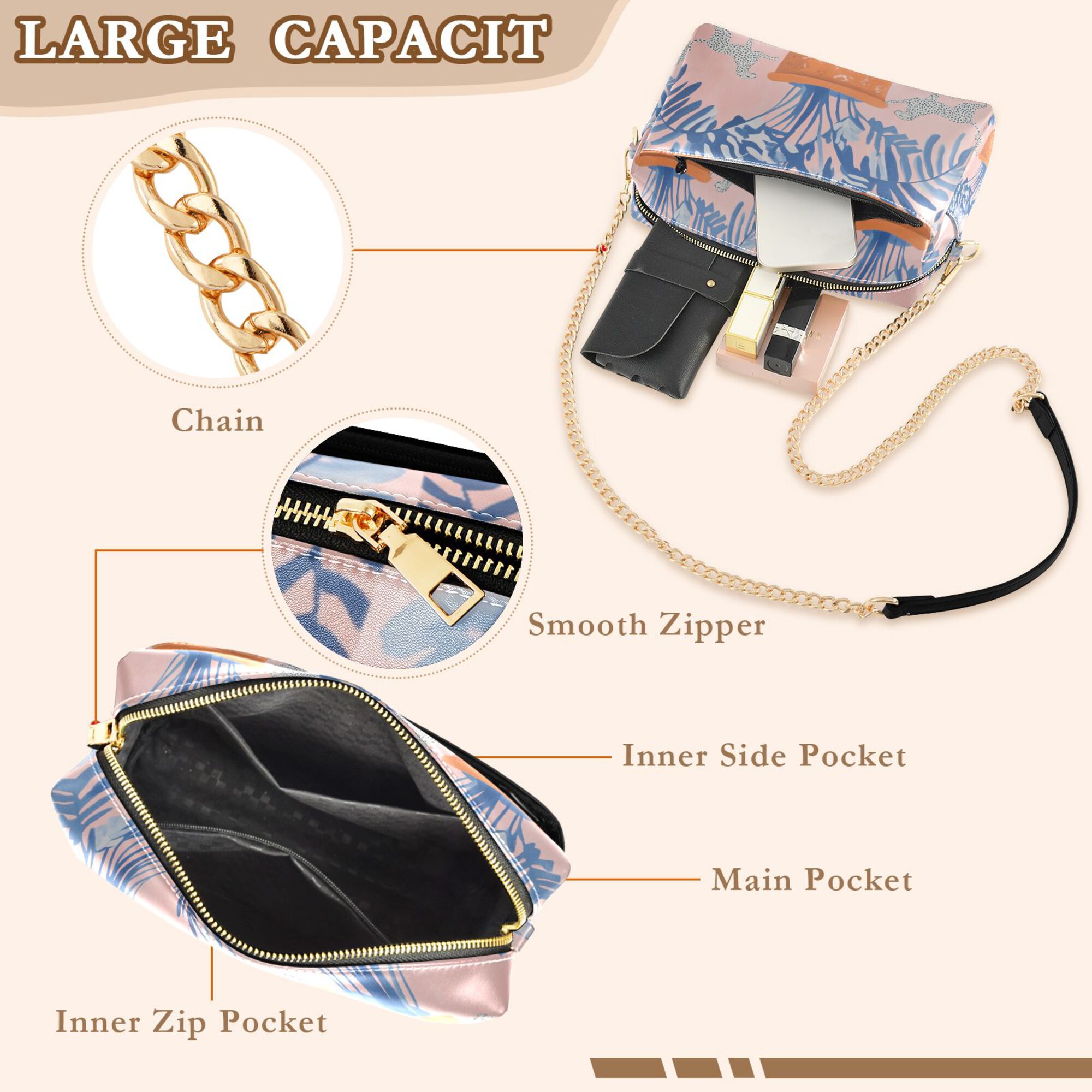 FORMRS Women Crossbody Purse with Chain Strap Vegan Leather Shoulder Handbag, Pink Leaves