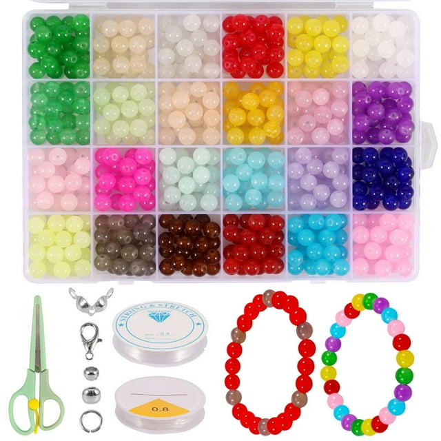 704Pcs Glass Beads Bracelets Kit 8mm 24 Color Small Craft Beads Glass Beads with Elastic String Bracelet Making Kit Crackle Glass Beads for DIY Bracelets Necklaces Double Color