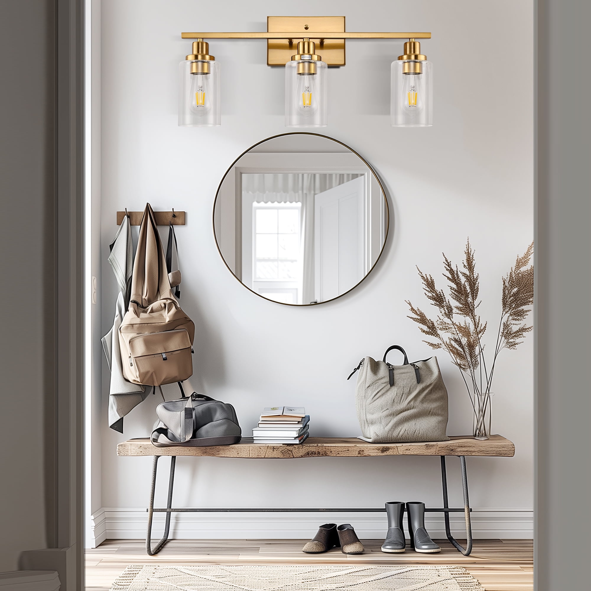 Briignite 3 Light Bathroom Light Fixture in Brushed Brass – Modern Farmhouse Vanity Light with Glass Shades for Bathroom, Bedroom, Living Room