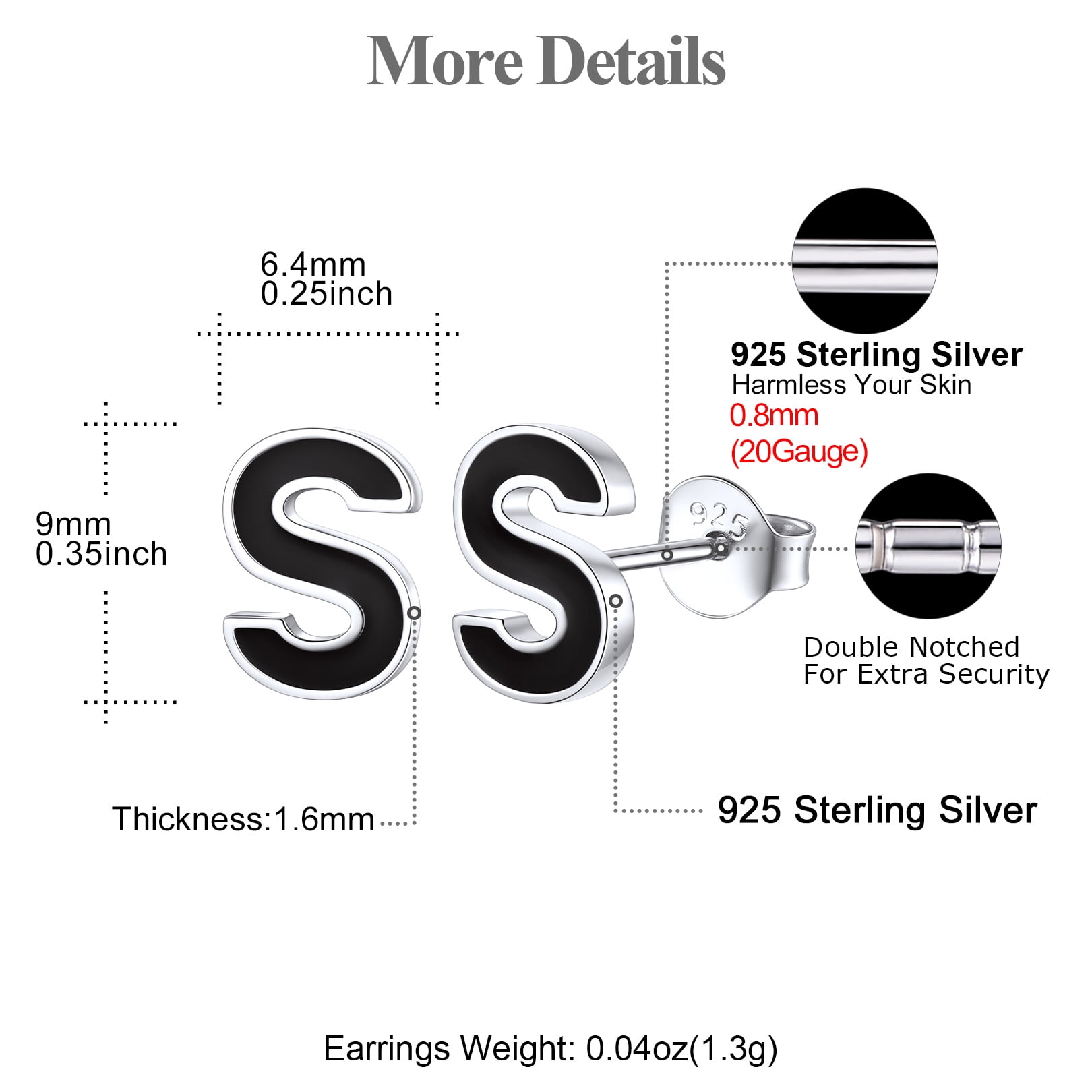 FOCALOOK 925 Sterling Silver Initial Earrings for Women Dainty Black Tiny Cute Letter S Hypoallergenic Minimalist Stud Earrings Jewelry Gift