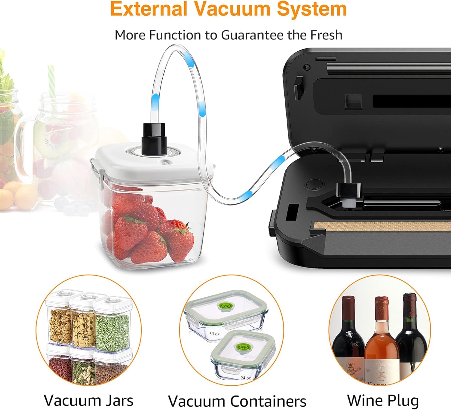 Vacuum Sealer, 75KPa Vacuum Sealer Machine, 5-in 1 Fully Automatic Food Sealer with Starter Kits with 15 Bags, Food Vacuum Saver for Dry/Wet Food, with Cutter, Easy Clean, Compact