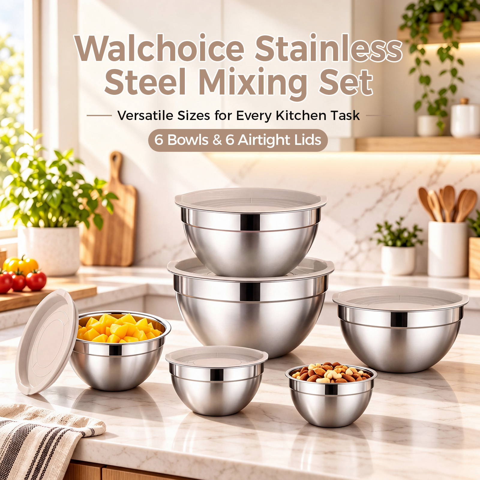 Walchoice 6-Piece Stainless Steel Mixing Bowl Set with Lids photo 7
