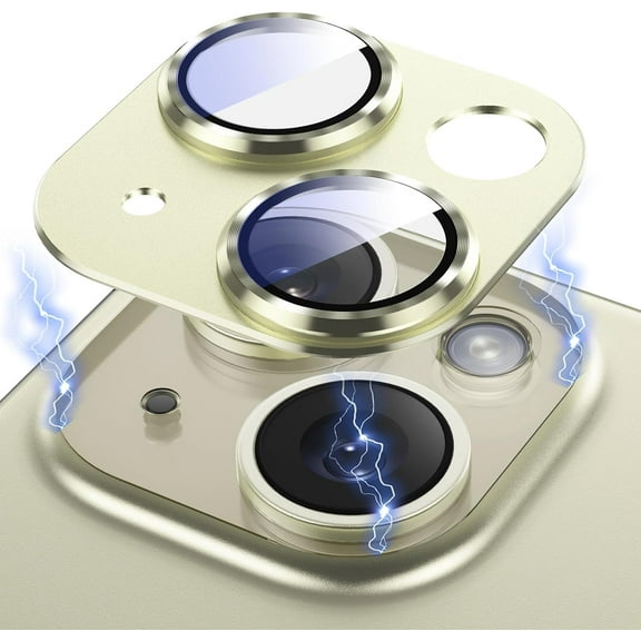 2023 Camera Lens Protector iPhone 15/ iPhone 15 Plus, Upgraded 3D Metal Anti-Scratch Camera Cover with 9H Tempered Glass Screen Protector, Camera Lens Cover Film Strong Adsorption -Yellow