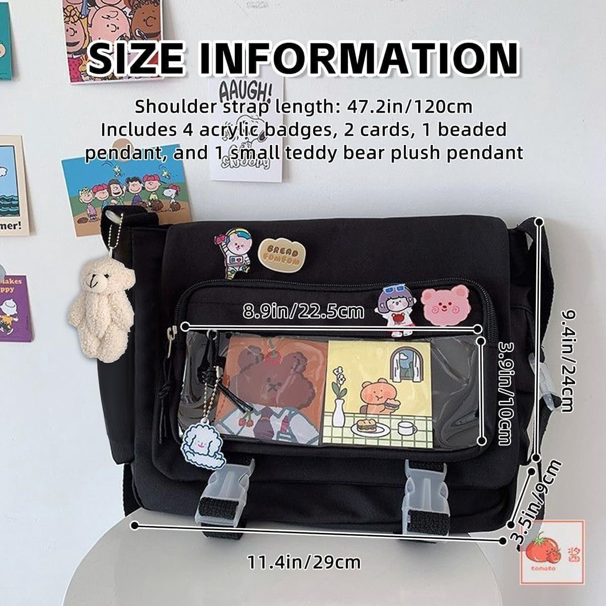 Kwuty Kawaii Crossbody Ita Bag for Women with Pin & Plush Bear - Japanese Messenger Bags Y2K Shoulder Purse（Black）