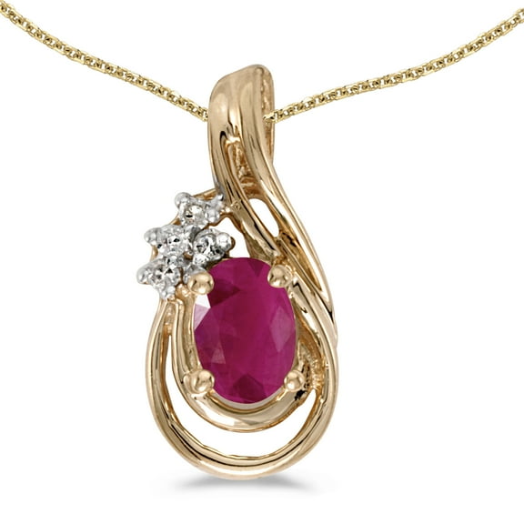 14k Yellow Gold Oval Ruby And Diamond Teardrop Pendant