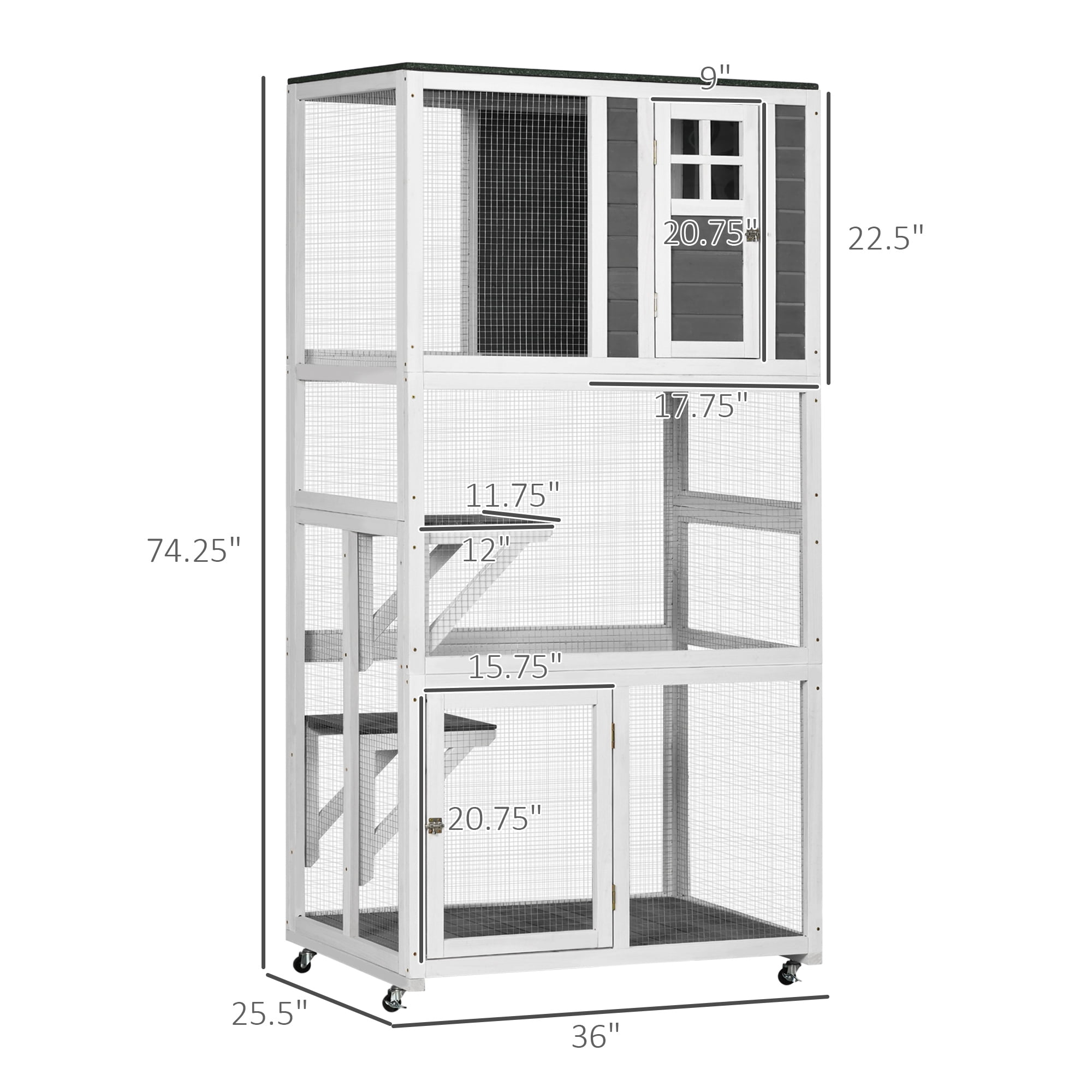 CoSoTower 74" Wooden Outdoor Cat House Weatherproof & Wheeled, Catio Outdoor Cat Enclosure with High Weight Capacity, Kitten Cage Condo, Gray