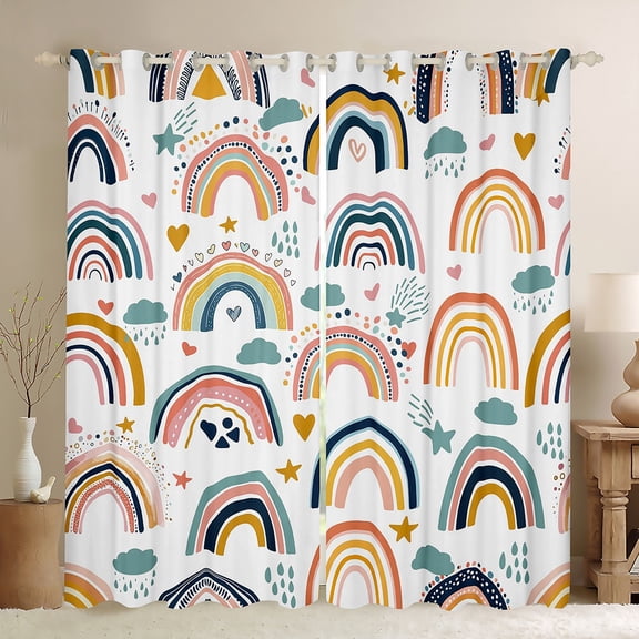 Homewish Bohemain Rainbow Black Out Curtains,Colorful Loves Stars Curtains Pack of 2 (42x63 Each),Boho Theme Bedroom Curtains For Girls,Super Cozy Room Decor