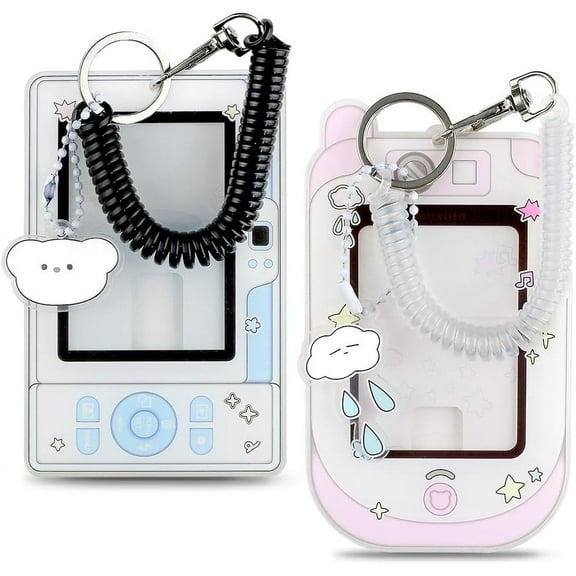 2 Pcs Cartoon Photocard Holder ID Badge Holder,3 Inch Photo Id Card Holder Protective Sleeves Photocards Holder, Cute Keychain Cloud Bear Pendant with Spiral Wrist Coil