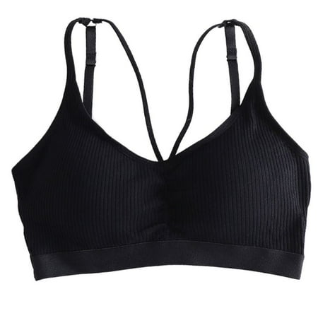 

ZUARFY Women Girls Sports Training Bra Ribbed Solid Color Padded Seamless Bralette Cross Strappy Beauty Back Wireless Underwear Crop Top