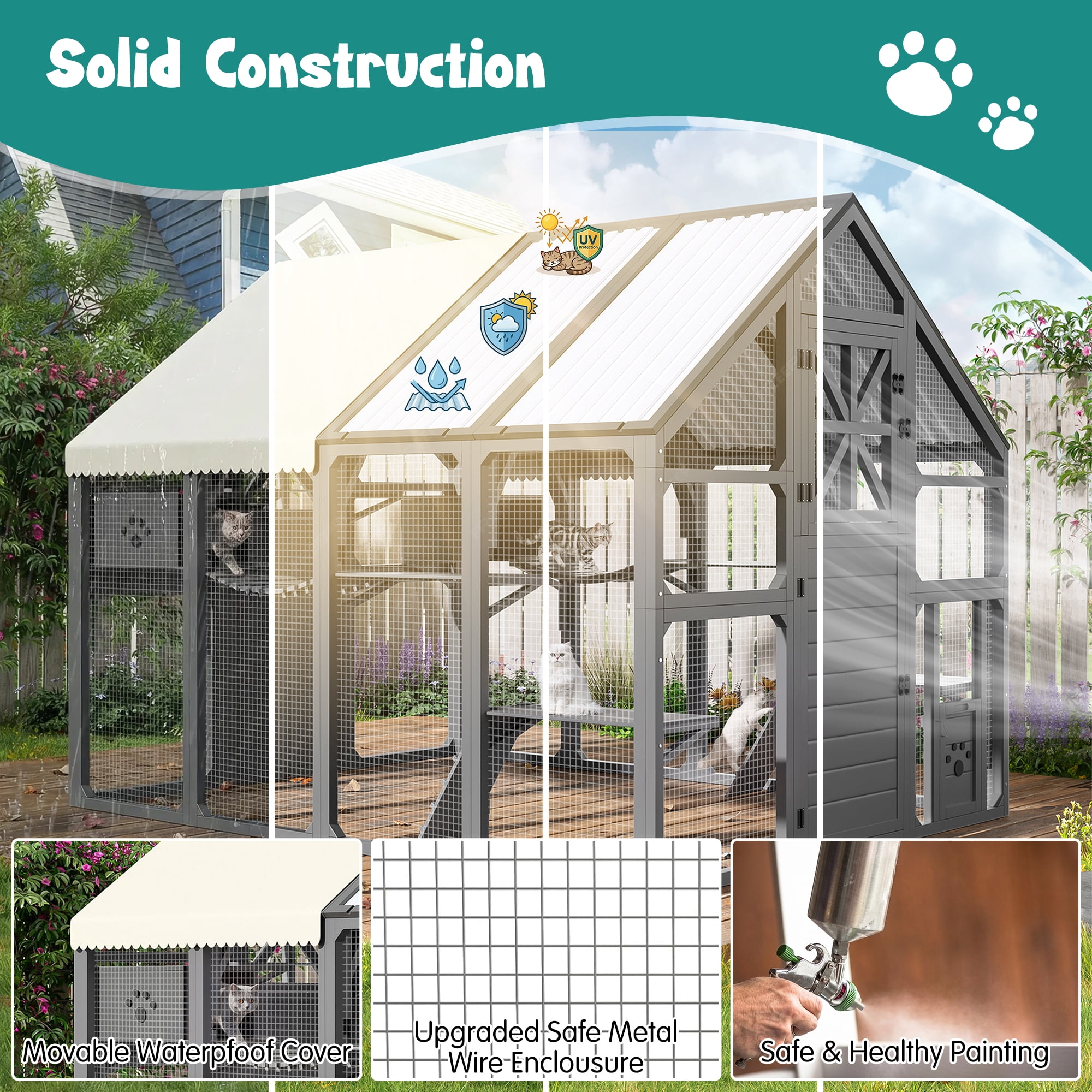 95" Outdoor Large Catio, Cat Enclosure for Multiple Cats, Walk-in Outdoor Cat House with 8 Platforms, 2 Resting Boxes, 1 Bridges & 1 Weatherproof Cover, Gray