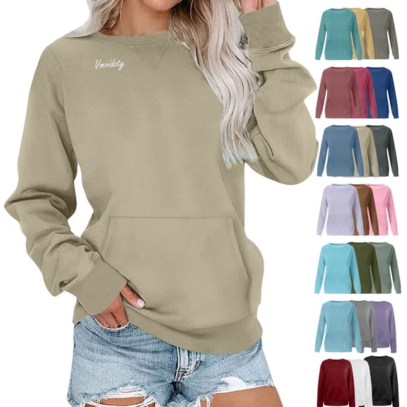 Vmvidoty Womens Crew Neck Sweatshirt with Pockets Hoodless Hoodies Fleece Pullover Casual Loose Fit Long Sleeve Tops Khaki S