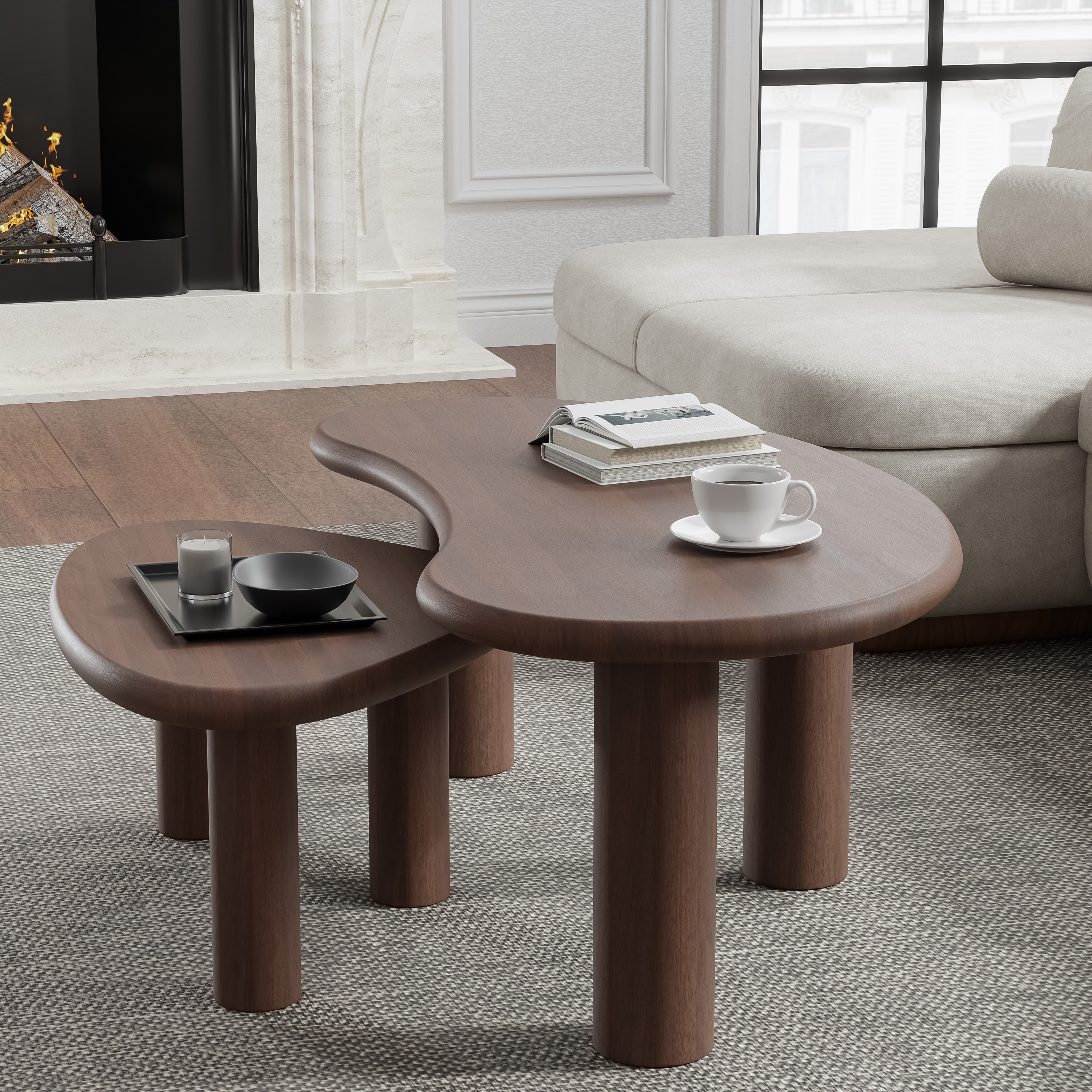 MAYEERTY 48" Cashew - Shaped Coffee Table Set, Modern Solid Wood Irregular Side Table for Living Room, Walnut