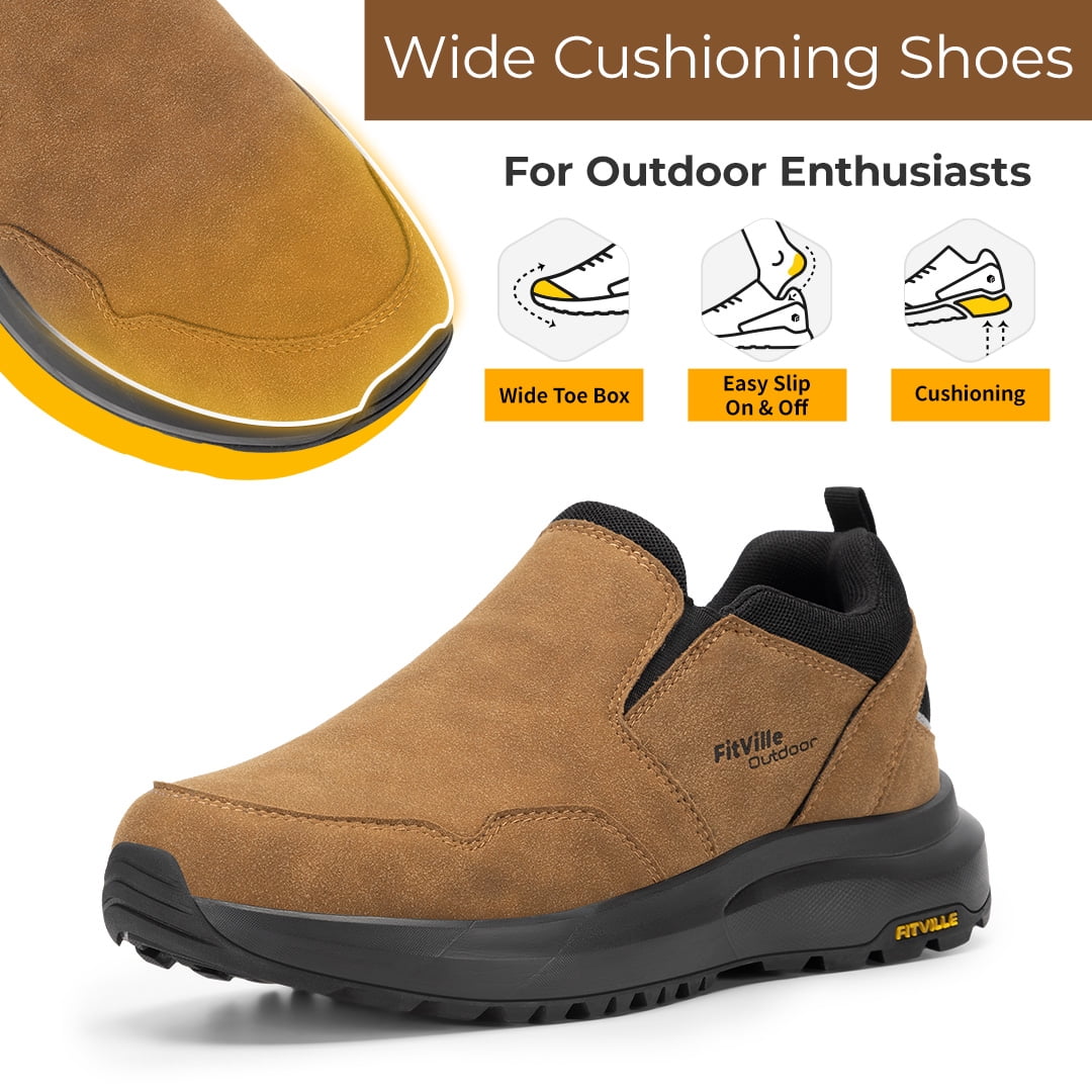 FitVille Mens Wide Hiking Shoes Slip on Loafers Sneakers with Arch Support, Dune Brown, 9 Wide