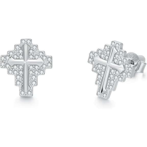 Cross Stud Earrings 925 Sterling Silver AAAAA Cubic Zirconia Iced Out Cross Earrings for Men Women