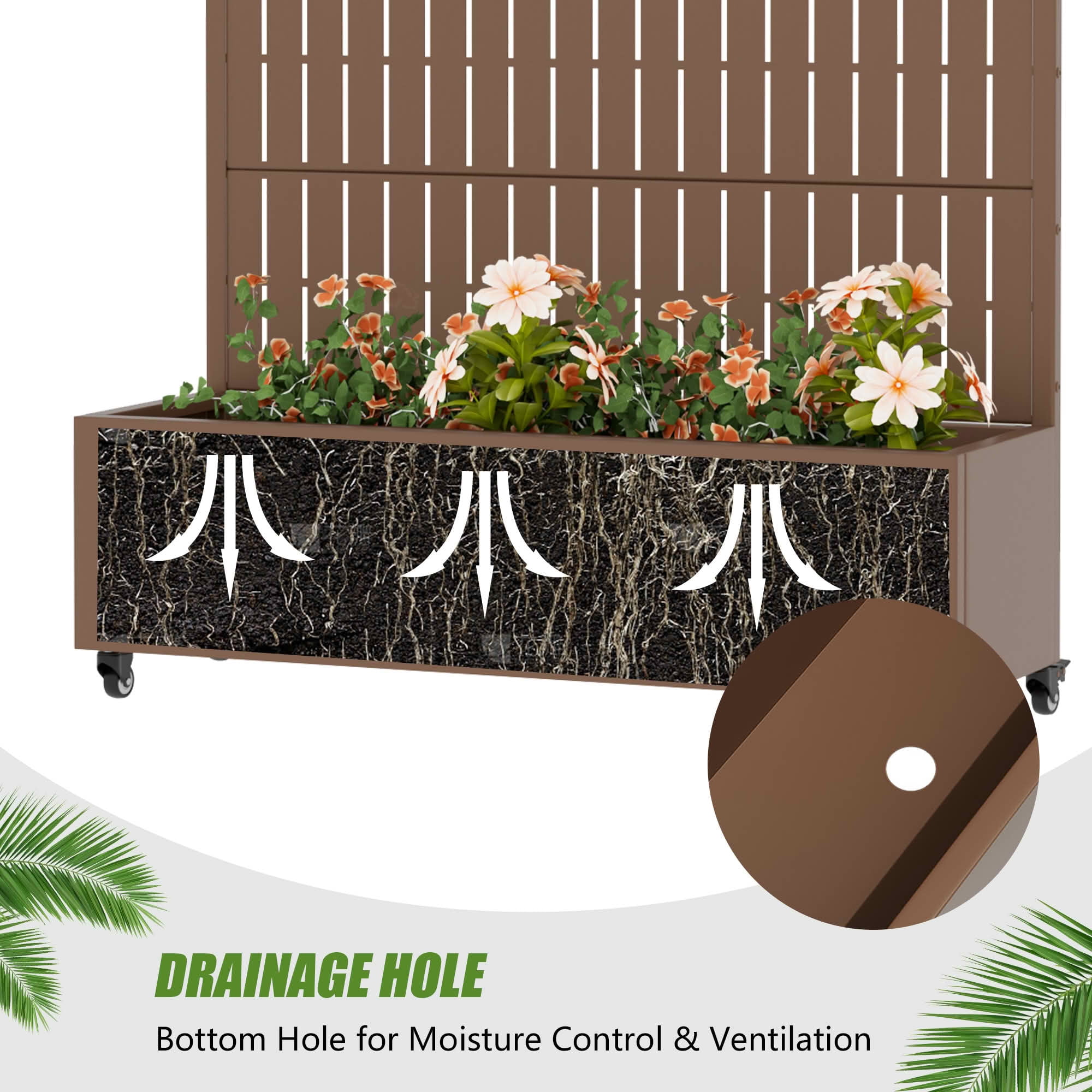 MAYEERTY 72X47" Metal Outdoor Brown Privacy Screen with Planter Box for Backyard & Garden, 5 Piece Set