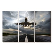 Elephant Stock Airplane Runway Storm Wall Art - Horizontal Multi Panel Canvas - Living Room Wall Decor - Transportation Multi Panel - Gray And Black Decor - 65" x 42"