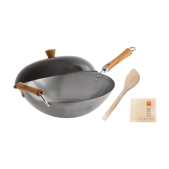 JOYCE CHEN Classic Series 14-Inch Uncoated Carbon Steel Wok Set with Lid and Birch Handles, 4 Pieces