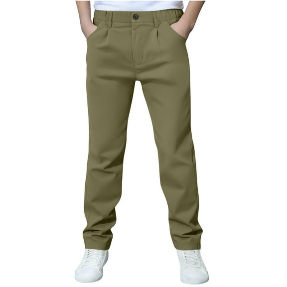 Nskgu Boys School Uniform Chino Pants Kids Elastic Waist Pull on Twill Pants with Pockets Back to School 6-13 Years