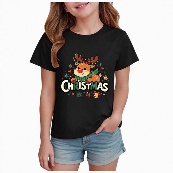 ORT Toddler Girls Christmas Shirts Cute Xmas Graphic T-Shirts Kid Holiday Short Sleeve Tees Fall Tops