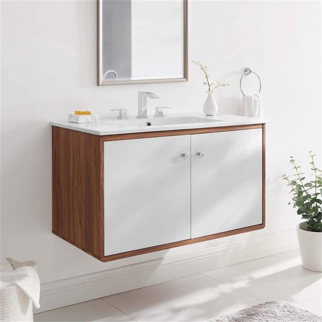 Pemberly Row 36" Modern Plastic Wall-Mount Bathroom Vanity in Walnut/White