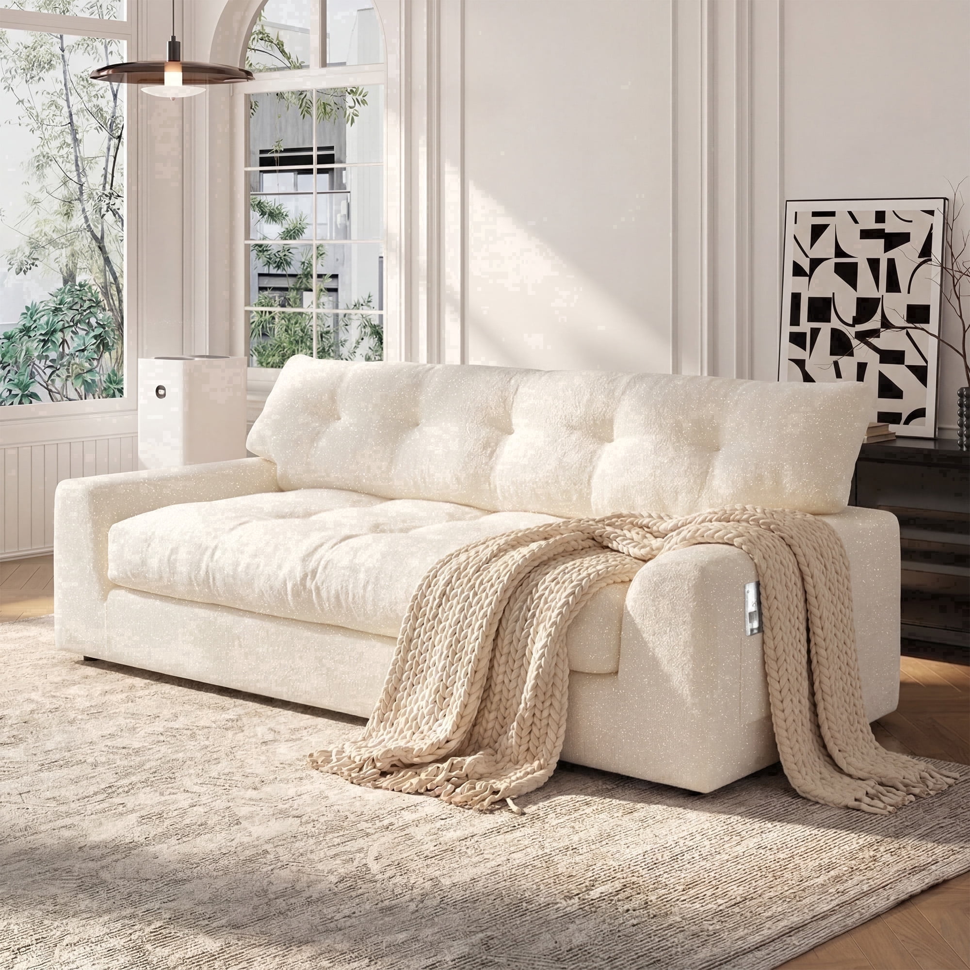 BEHOST 55" Loveseat Couch with Extra Deep Seats, Chenille 2-Seater Sofa with Side Storage & 2 Pillows, Cloud Sofa for Living Room & Small Spaces, White