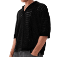 thumbnail image 2 of Men’s Red Crochet Knit Polo Shirt, Lightweight Breathable Half Sleeve See-Through Top, Casual Loose Fit Summer Pullover, 2 of 5