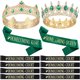 thumbnail image 1 of wonima02 12 Pcs Homecoming Crowns Sash Set Homecoming King Queen Crystal Tiara Court Shiny Sash for Party(Shiny,Gold, Green), 1 of 1