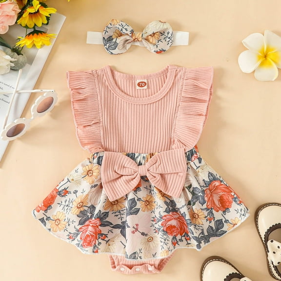 TOOYOU Baby Girl Bodysuits Cheap Toddler Girl Onesies Ruffled Sleeveless Ribbed Sunflower Floral Prints Dress Headbands Outfits Soft Romper For Red Size 9-12 Months