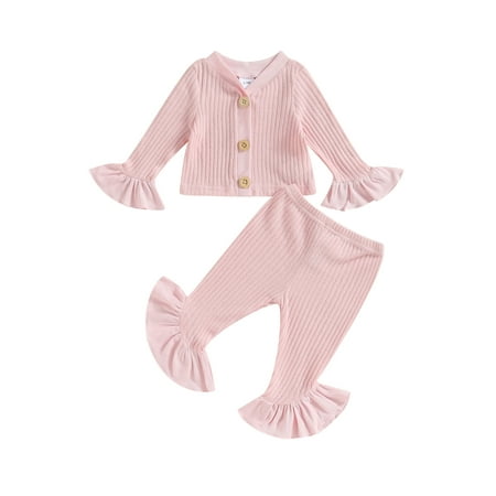 

Gwiyeopda Toddler Baby Girls 2Pcs Outfits Ribbed Long Sleeve Button Down Cardigan Tops + Bell Bottoms Set