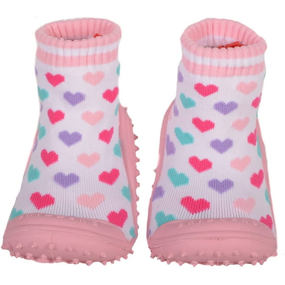 Skidders Baby Girls' Slippers - Non-Skid Slipper Sock House Shoe Booties Size: 12-24M, Size 12 Months, Colorful Hearts