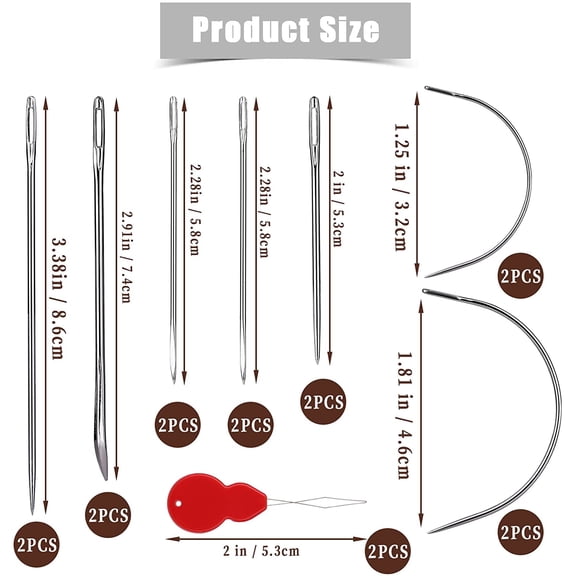 14pcs Sewing Needles, Multiple Styles Embroidery Thread Needle Eye Blunt Needles Curved Needles with 2pcs Needle Threaders for Upholstery Carpet Leather Canvas Repair
