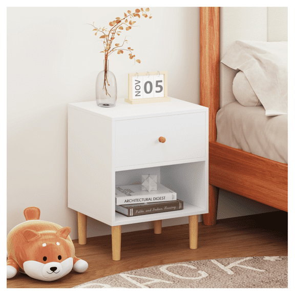 23.22"H Wooden Nightstand with One Drawer One Shelf for Kids, Adults, White MDF
