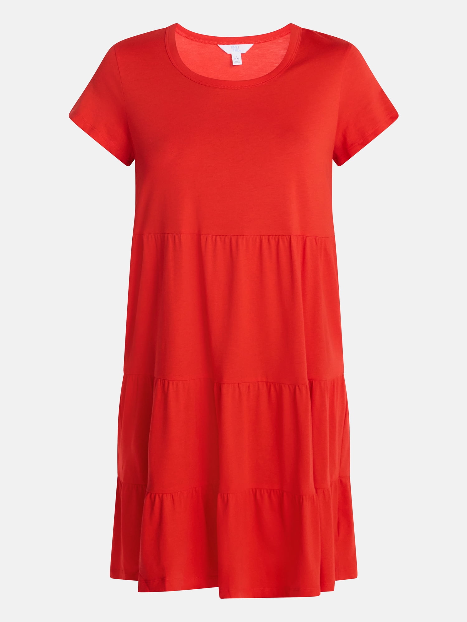 Time and Tru Women's Tiered Cotton Mini Dress with Short Sleeves, Sizes XS-XXXL