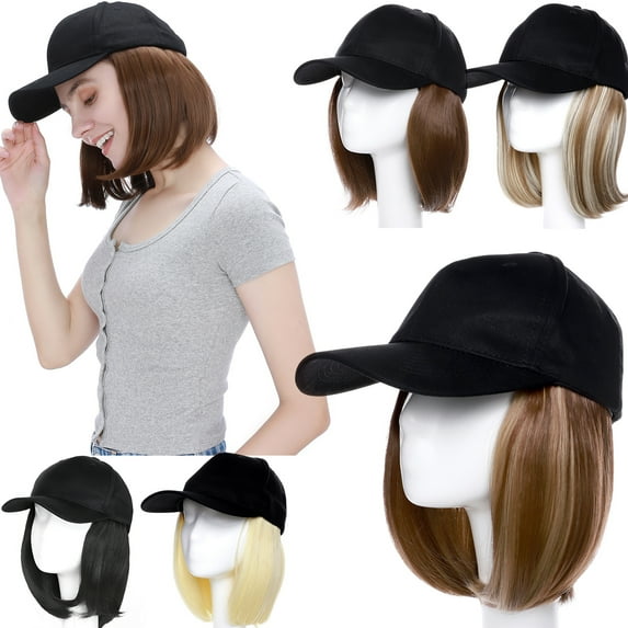 Benehair Baseball Cap with Hair Extensions Full Head Hair Bobo Wigs Adjustable Hairpiece Hat Cap Wig for Women 6" Straight Dark Black