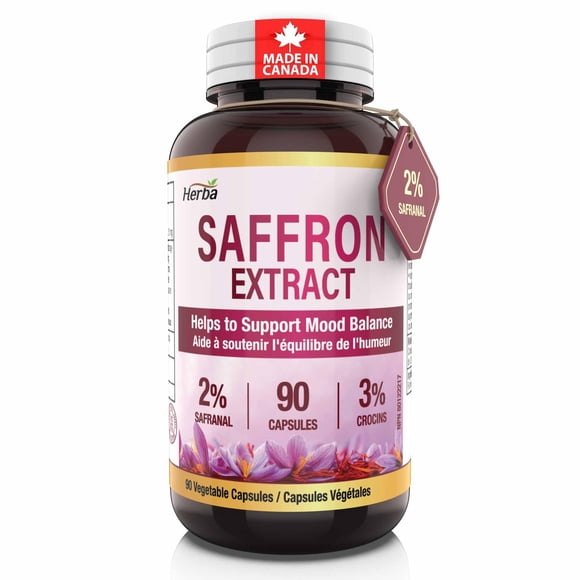 Herba Saffron Supplement – 90 Capsules | Saffron Extract Standardized to 2% Safranal and 3% Crocin | Made in Canada