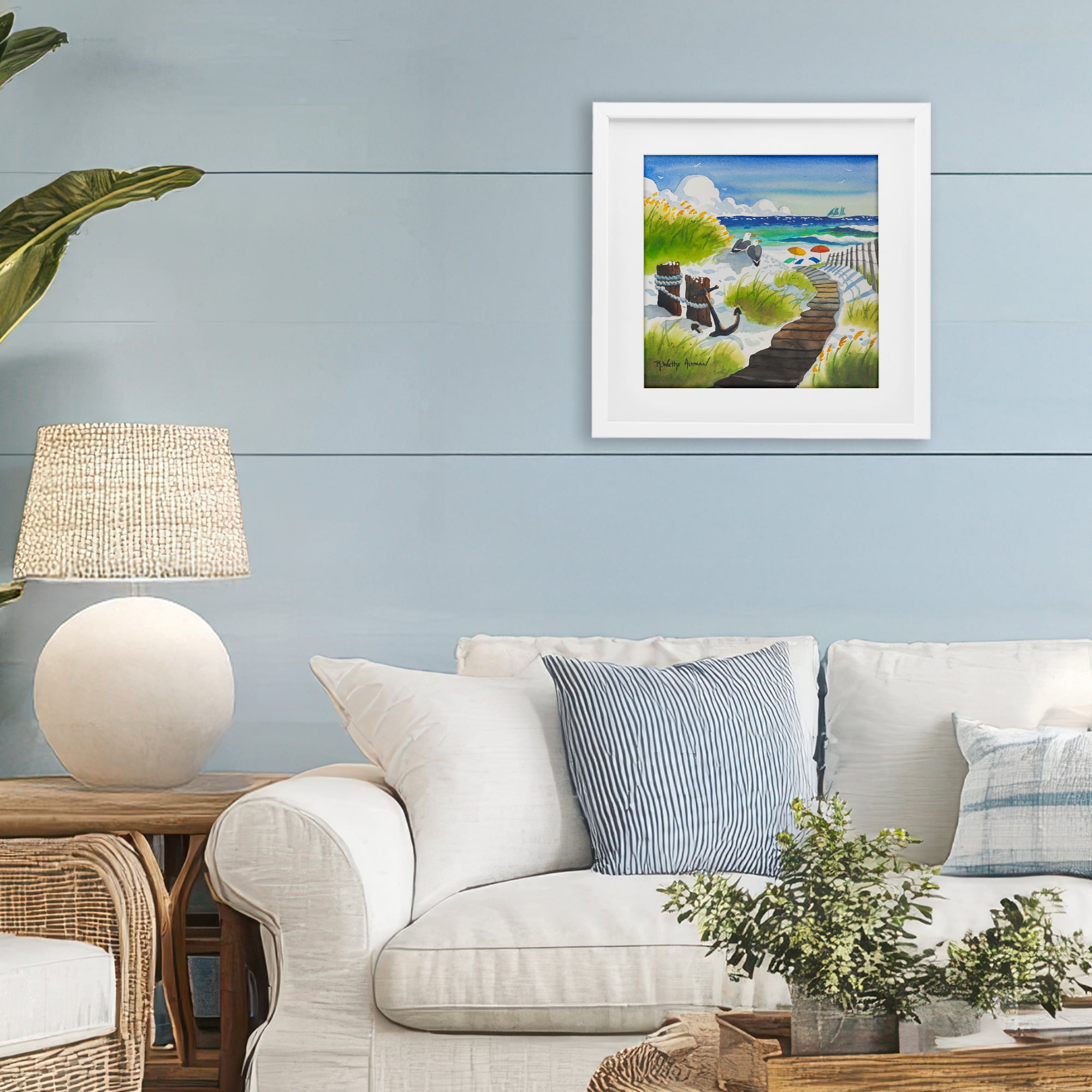 Stupell Industries Seagull & Anchor on Shore White Framed Print Under Glass, design by Robin Altman
