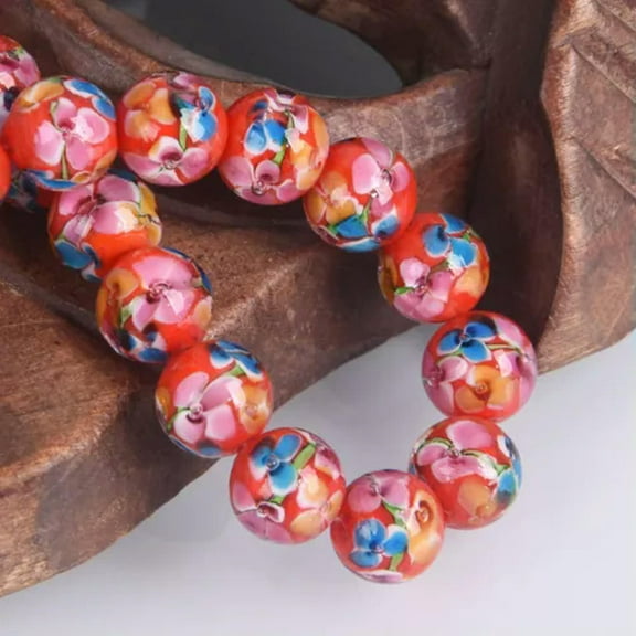 U8MO 5pcs 12mm Round Handmade Flower Pattern Lampwork Glass Loose Beads DIY Jewelry-Red