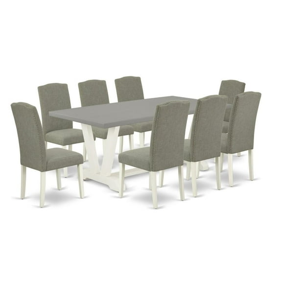 East West Furniture V-Style 9-piece Wood Dining Table Set in White/Dark Shitake