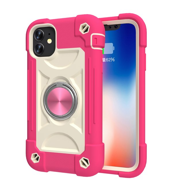 3 Layers Multi-Functional Rugged Case Compatible with iPhone 11 6.1 inch,Hard PC+Soft TPU Shockproof Kickstand Full body Protetion with Hand Ring Len Protection, Rosegold Colorful