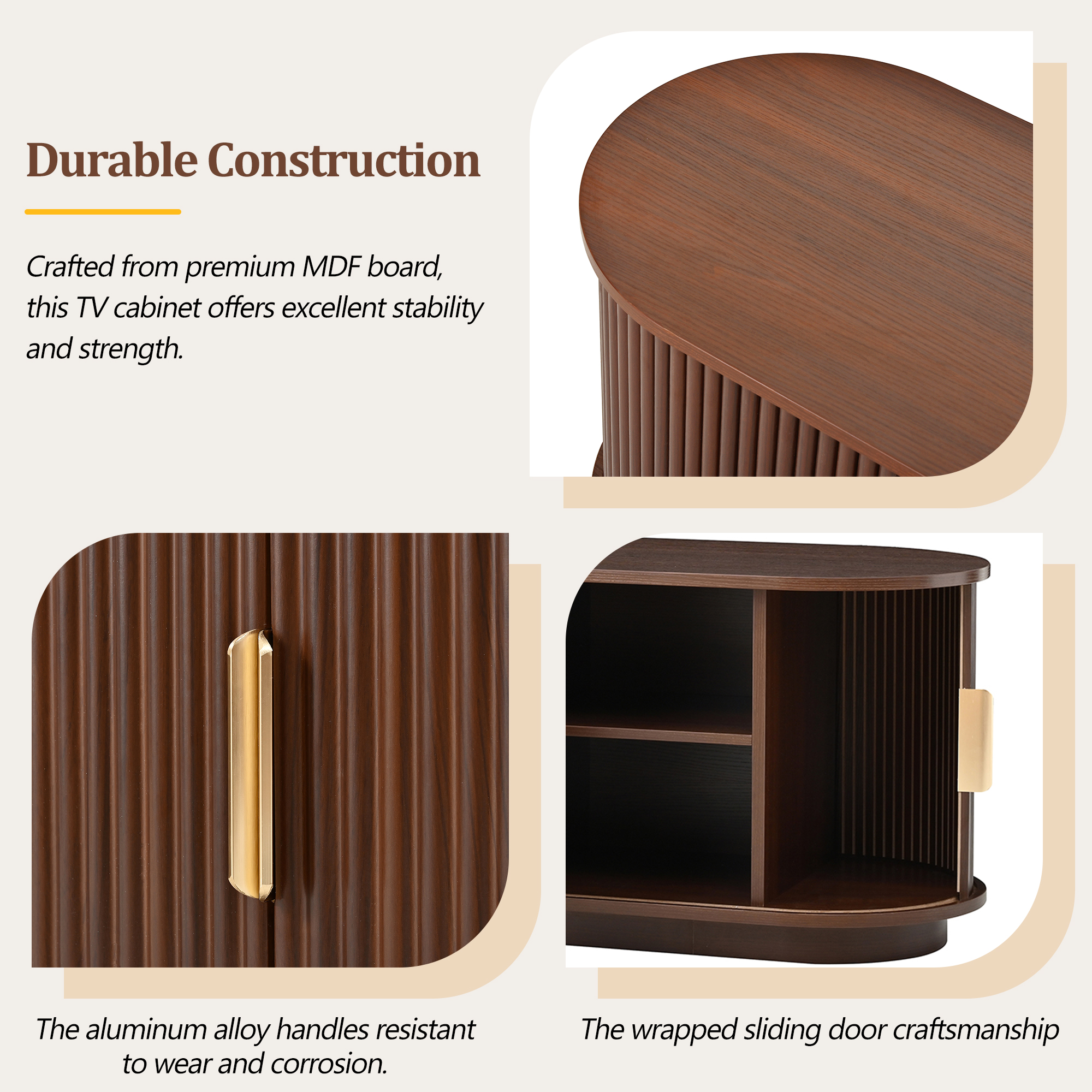 Euroco Farmhouse Wooden TV Stand with Sliding Tambour Door for TVs up to 75", Fluted Media Console with Adjustable Storage, Golden Handle TV Cabinet with Cable holes for Living Room