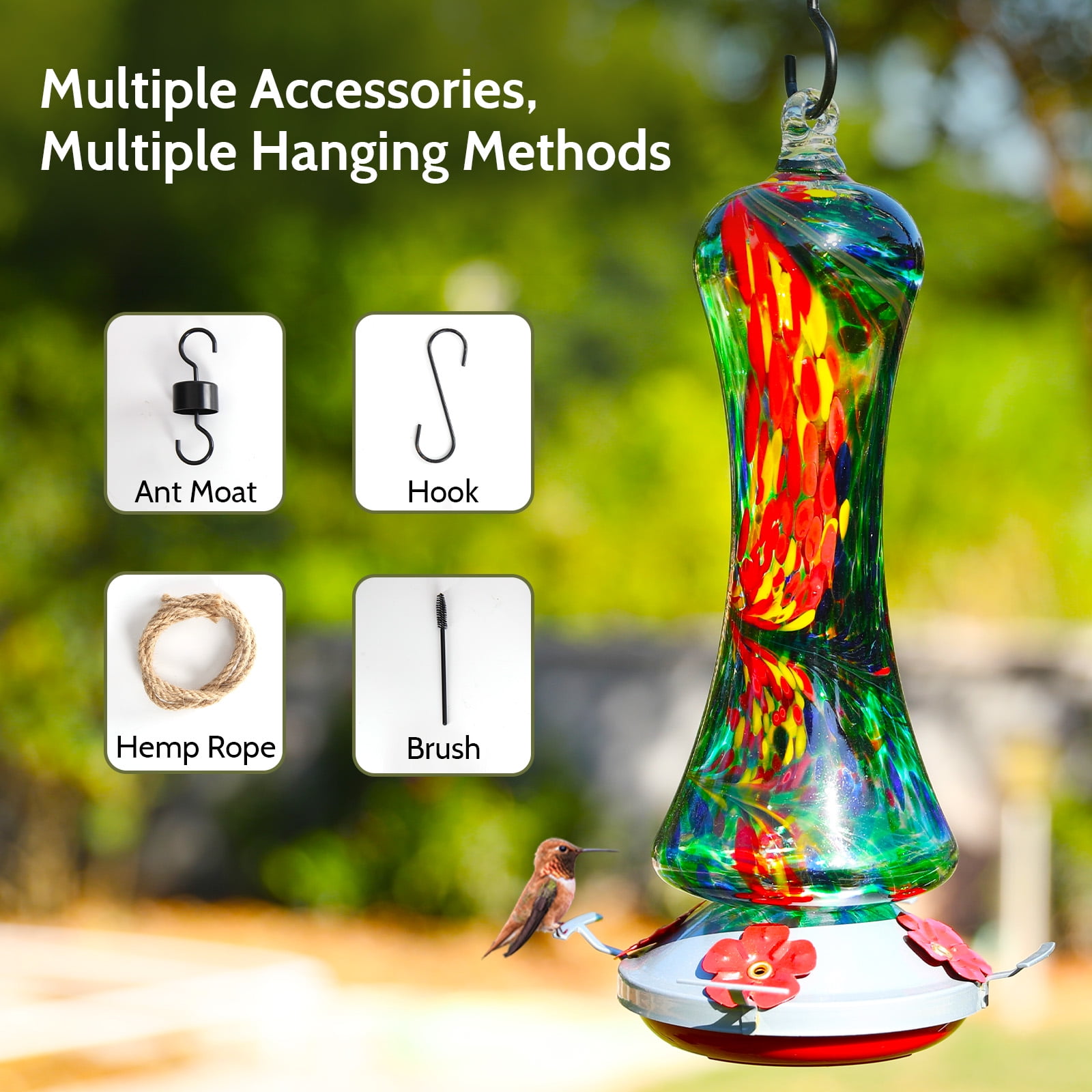 Birdkiss Hand-Blown Glass Hummingbird Feeder 16 oz for Garden Backyard Patio Decor with Ant Moat, Leak Proof & Rustproof, 5 Feeding Ports & 5 Perches