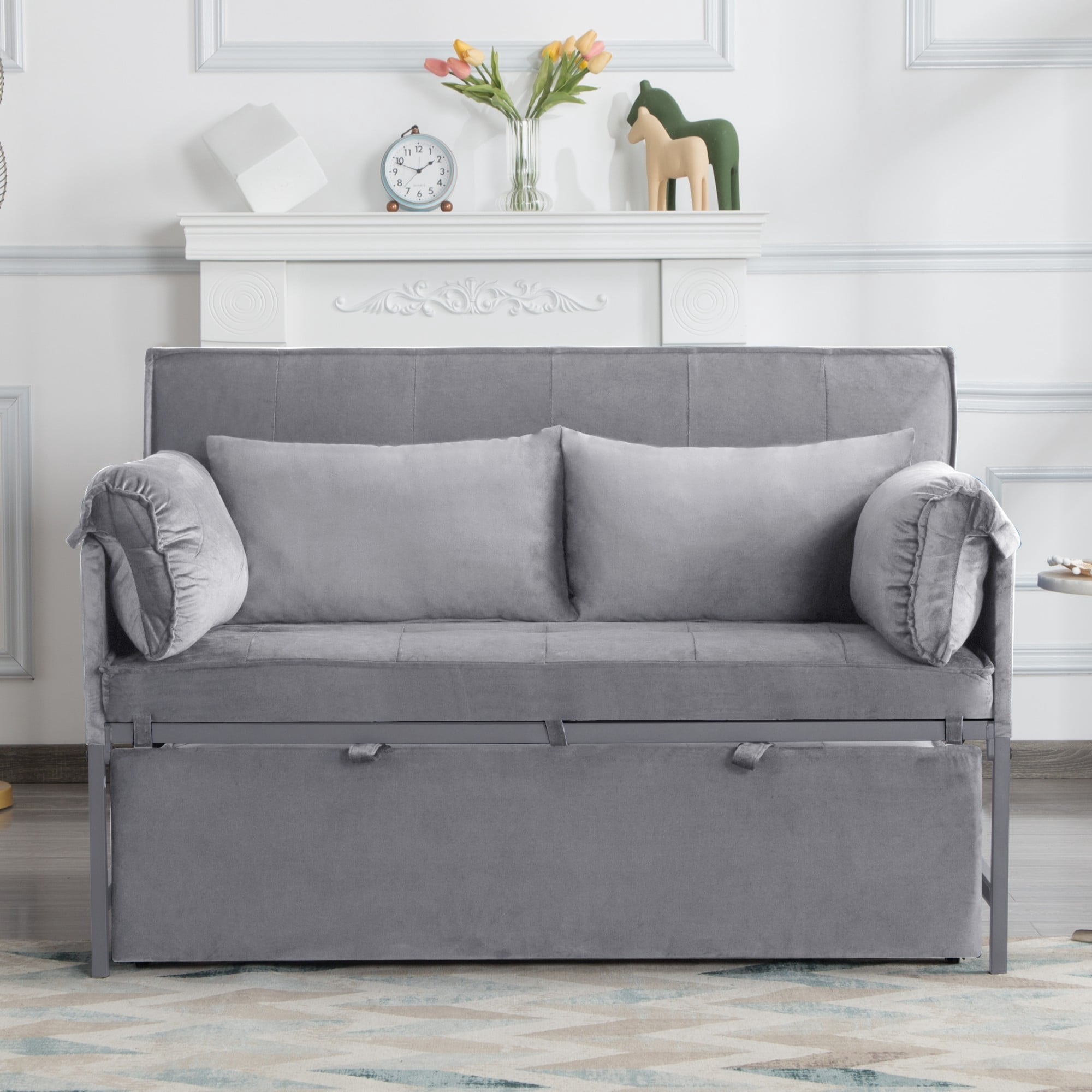 BSHTI 46" Velvet Pull-Out Sleeper Sofa Bed with Adjustable Back, 2 Pillows, Metal Frame for Living Room/Bedroom（Grey）