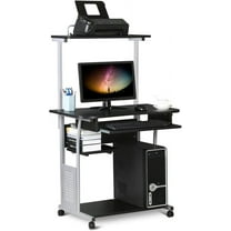 COCOKUN 2 Tier Mobile Computer Desk with Printer Shelf & Keyboard Tray Rolling Computer Table for Small Spaces, Compact Study Workstation with Wheels, Space Saving, Black