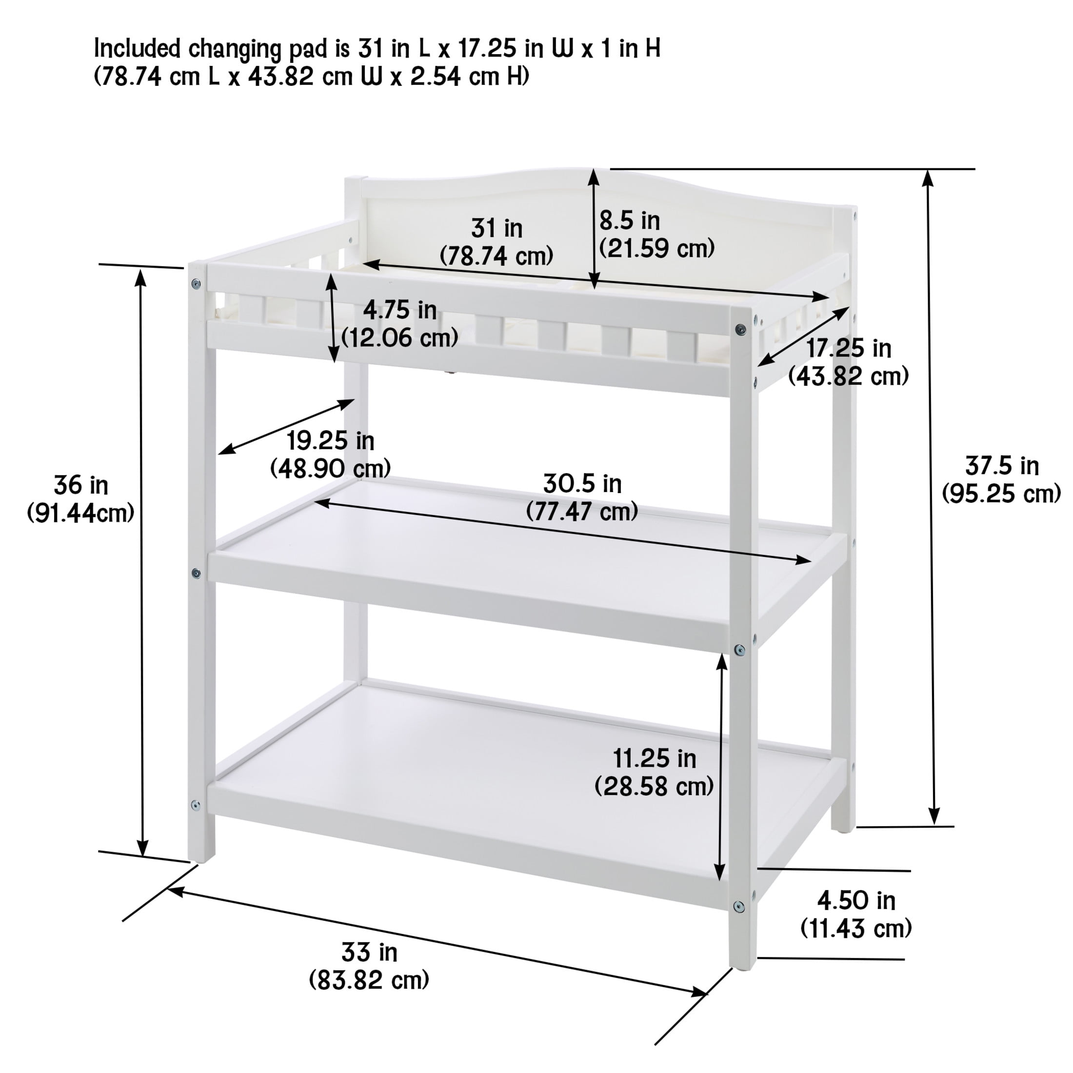 Badger Basket Simply Stylish 2-Shelf Wooden Diaper Baby Changing Table, White