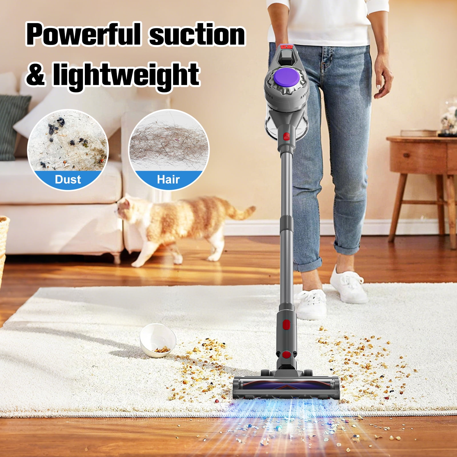 HOOFUN Cordless Vacuum Cleaner, 50mins Runtime, Powerful Stick Vacuum 6*2600mah Rechargeable Cordless Vacuum for Carpet, Tile, Pet Hair, Hardwood Floors, Silver gray