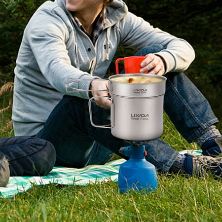 Lixada Ultralight Titanium Cookset Outdoor Camping Cookware Set 1100ml Pot and 350ml Fry Pan with Folding